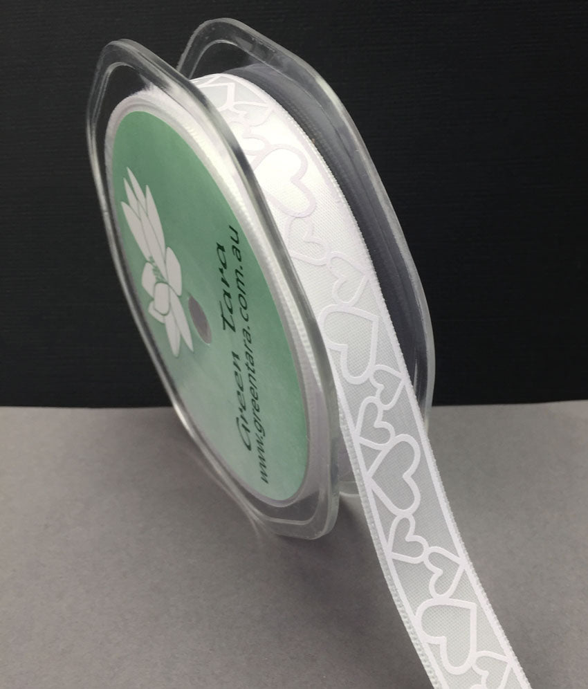 15mm Satin Hearts Ribbon- White - Crafty Divas