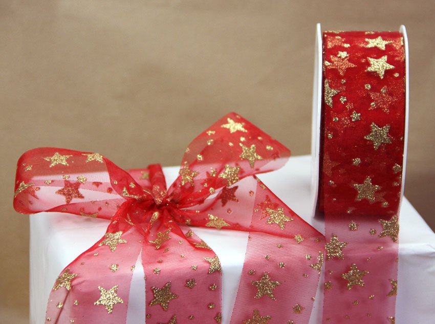38mm Organza Glitter Star Ribbon - Red & Gold - Crafty Divas