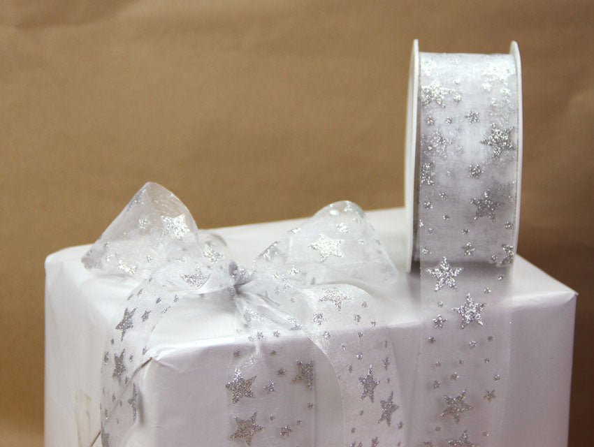 38mm Organza Glitter Star Ribbon - White & Silver - Crafty Divas