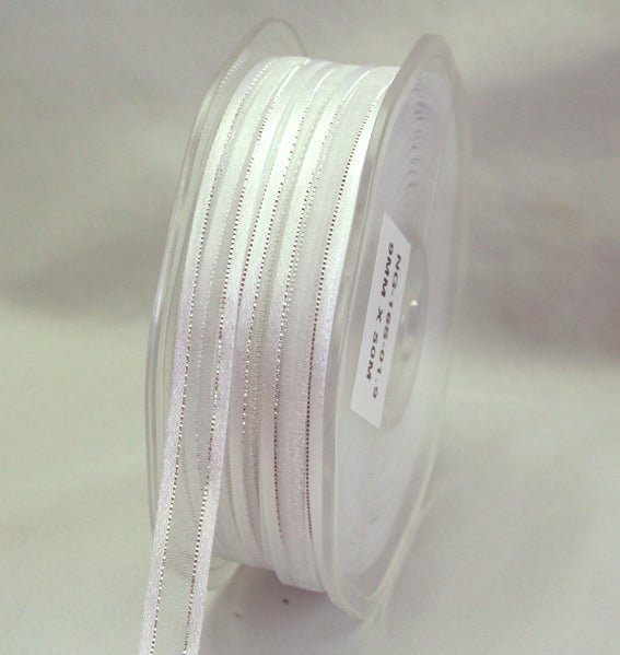 9mm Satin Metallic Edged Organza- White/Silver - Crafty Divas
