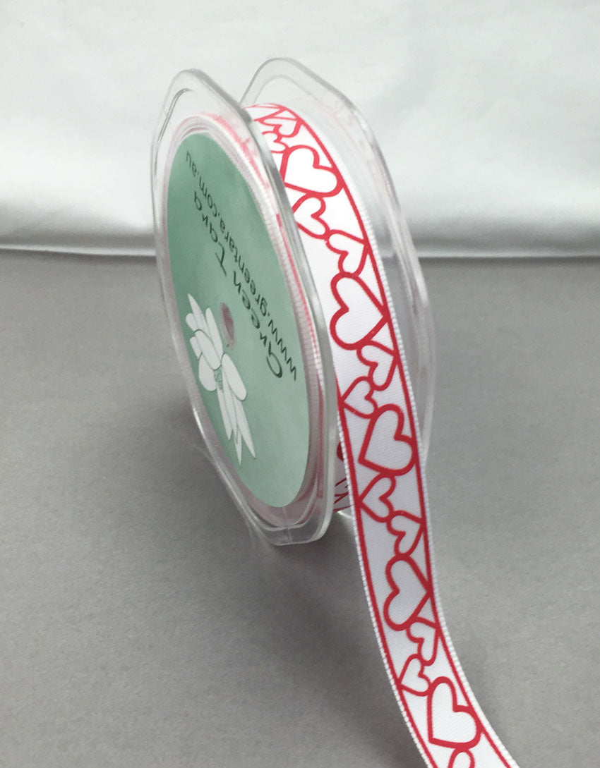15mm Satin Hearts Ribbon- Red & White