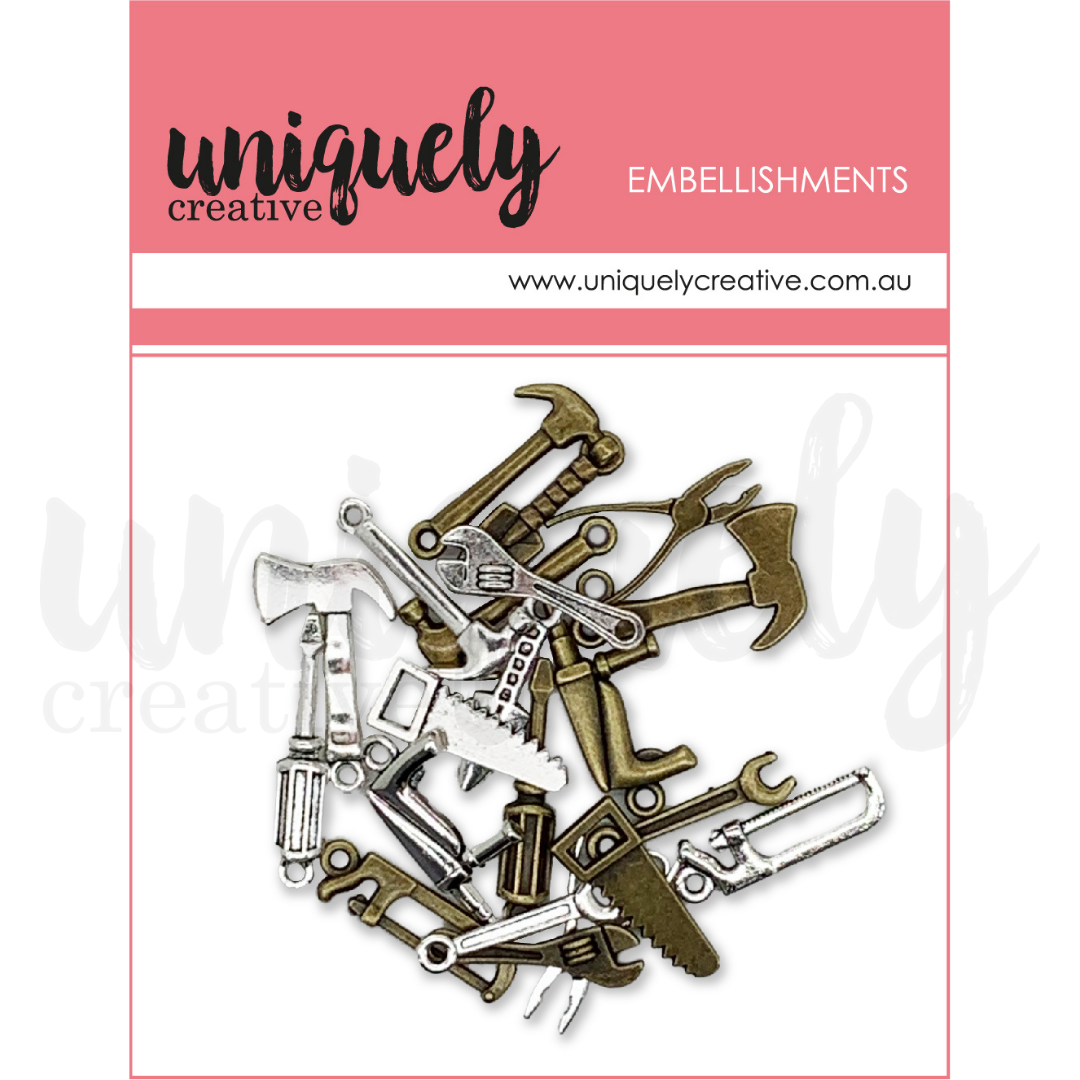 Uniquely Creative Tiny Tools – 20 miniature brass and silver metal embellishments for scrapbooking and card making.