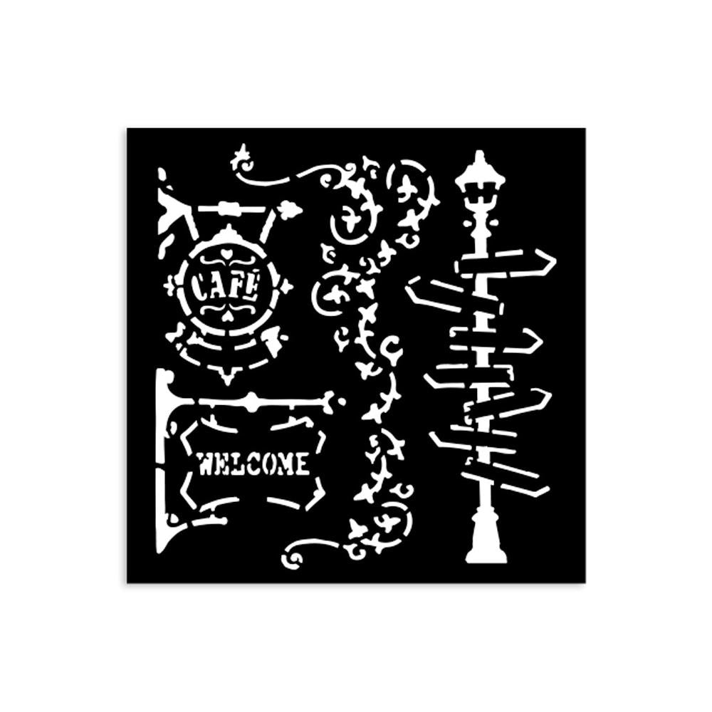 Stamperia Stencil 12cm x 12cm - Art of Travelling Lamp And Sign