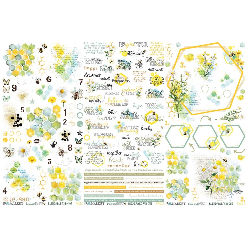 49 and Market Rub-On Transfer Set – Botanical Buzz with butterflies, hexagons, and word art designs