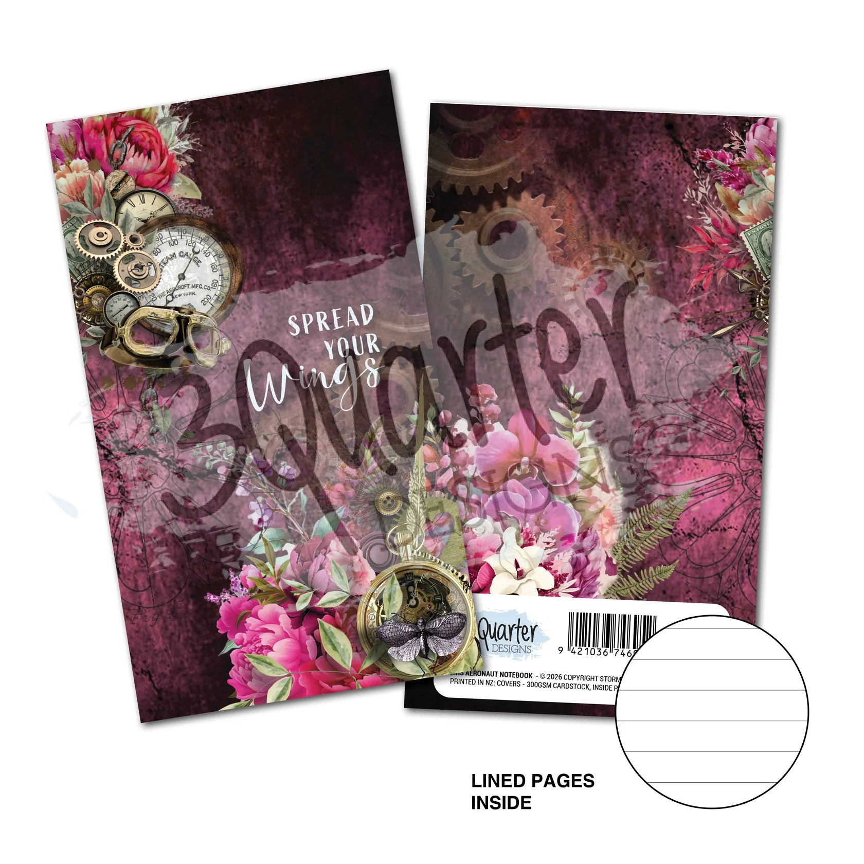 A decorative paper craft journal cover shown front and back on a white background, with floral and vintage-style graphics in pink, burgundy, gold, and green. The front reads 'SPREAD YOUR WINGS' and '3 Quarter,' and the back shows a barcode and the brand name '3 Quarter.