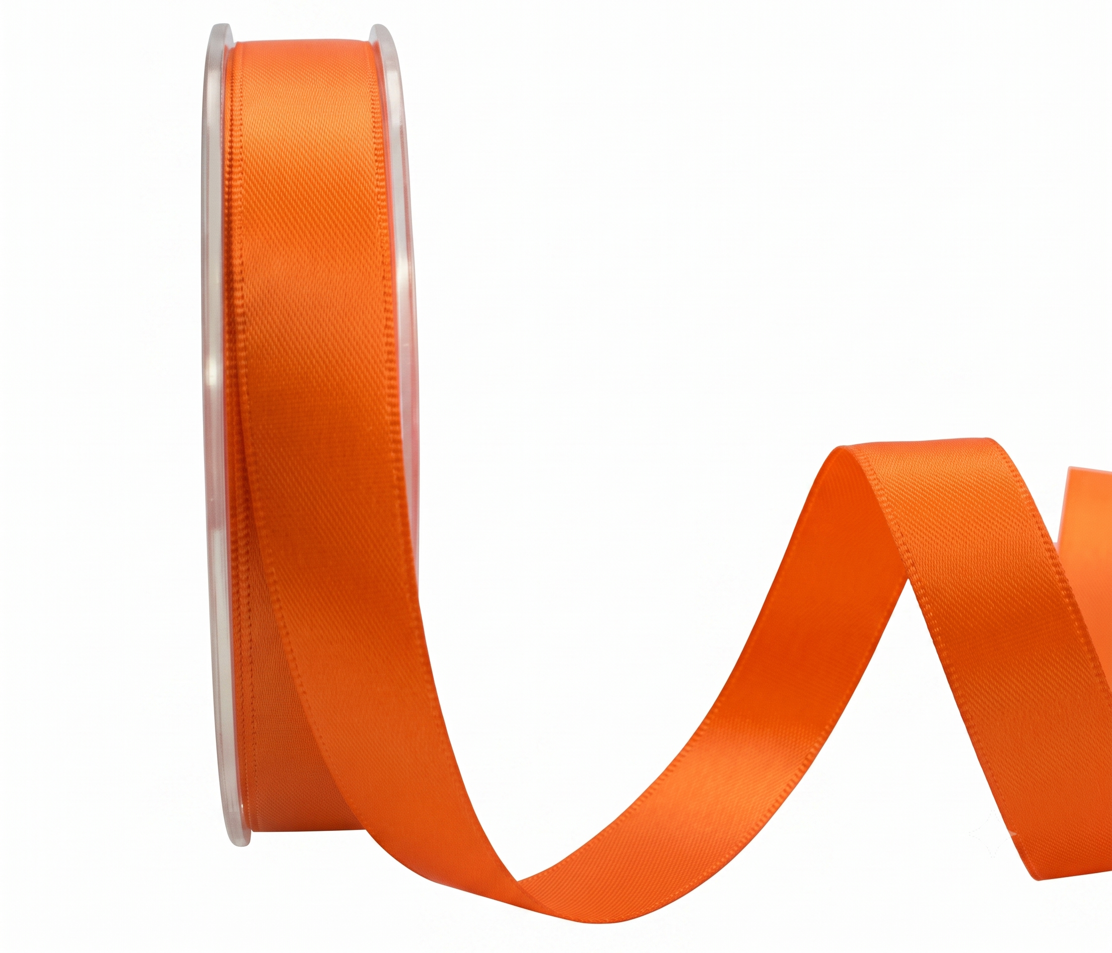 Bright orange satin ribbon spool with a length of ribbon unspooled, shown against a plain white background.