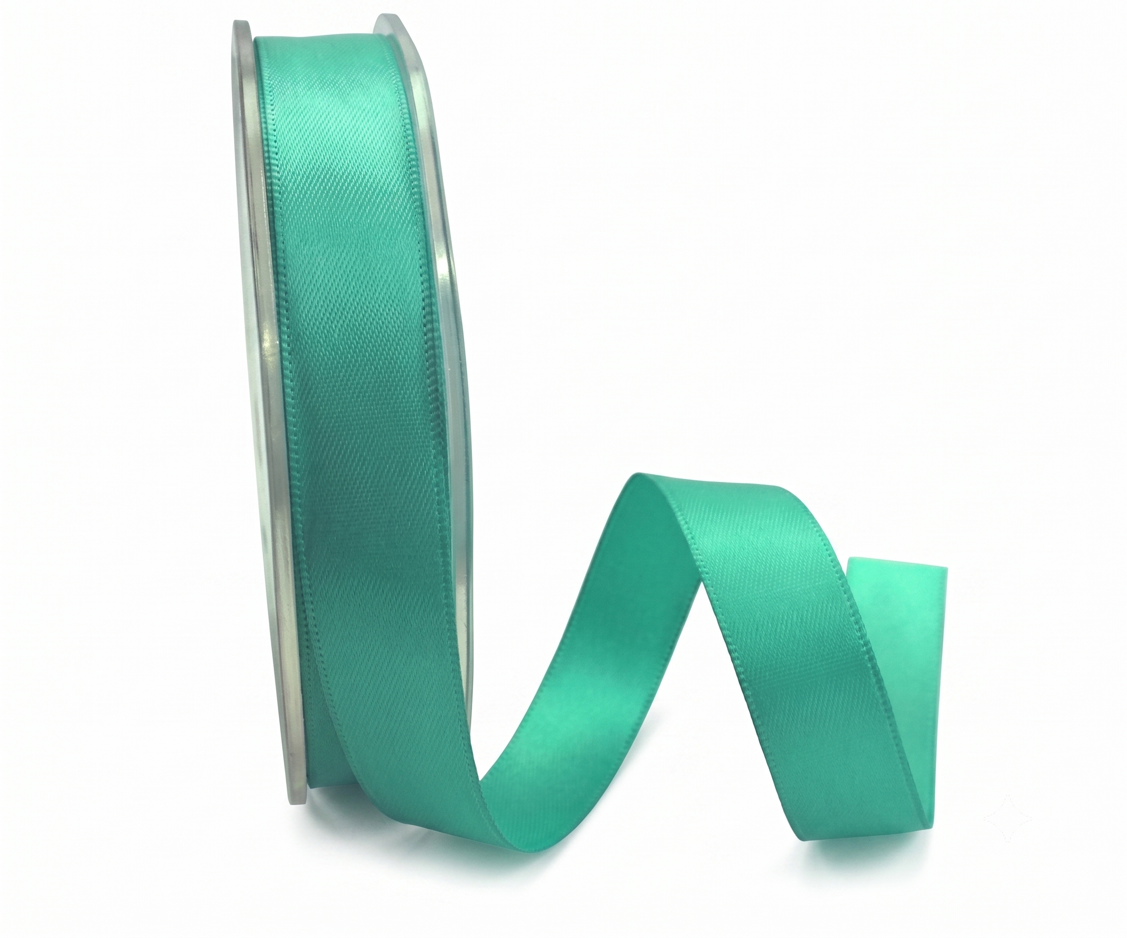 A spool of vibrant teal satin ribbon with a single looped tail, photographed on a clean white background.