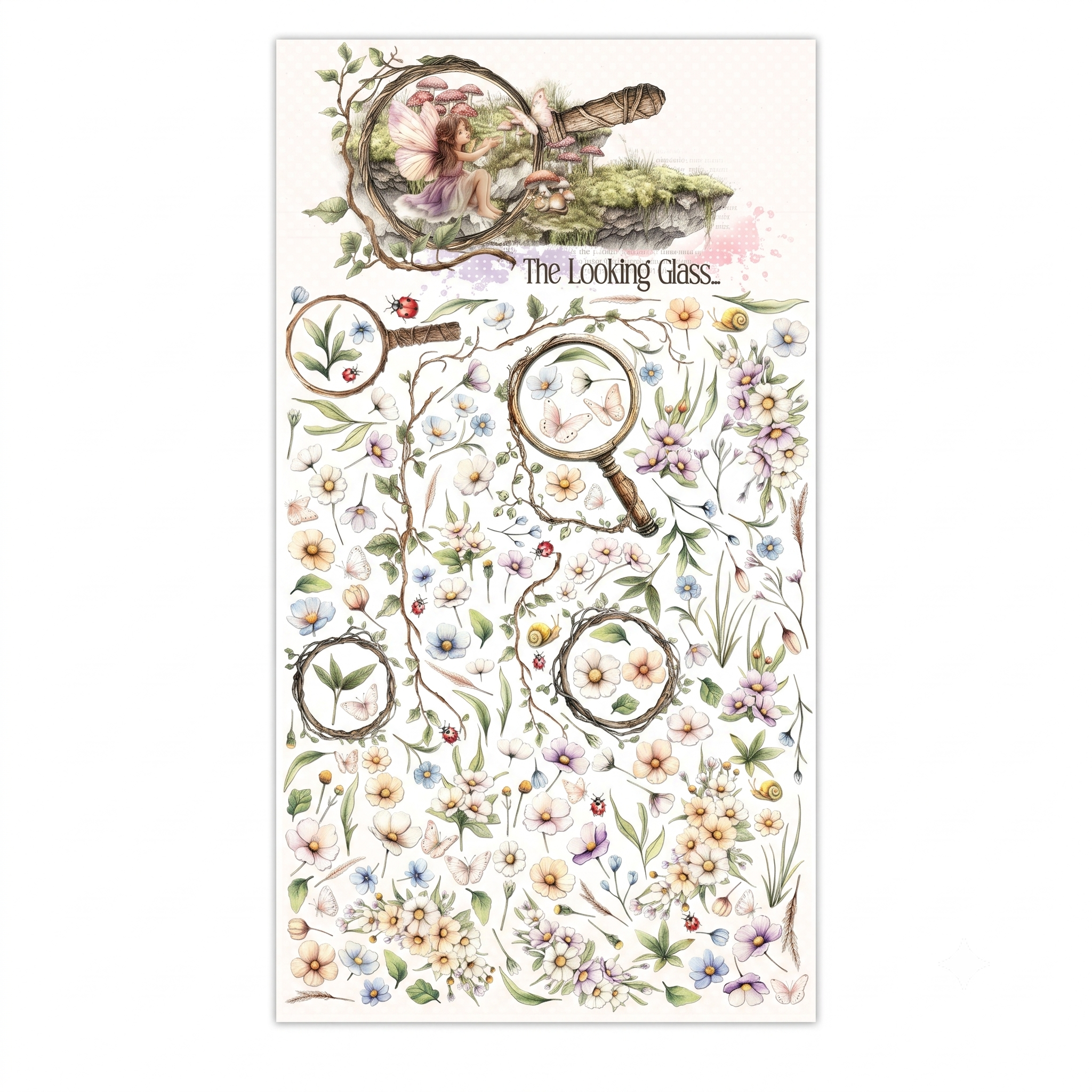 A vertical sheet of  cutouts featuring a whimsical floral and botanical design with magnifying glasses, wildflowers, leaves, and a fairy illustration at the top under the text 'The Looking Glass'.