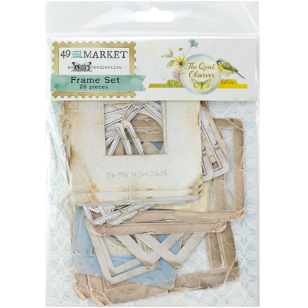 A 26-piece frame set by 49th & Mint Market from The Quiet Observers collection, packaged in a clear plastic bag with a decorative header card. The frames are layered in various vintage styles, colors, and materials, including distressed wood, paper, and fabric.