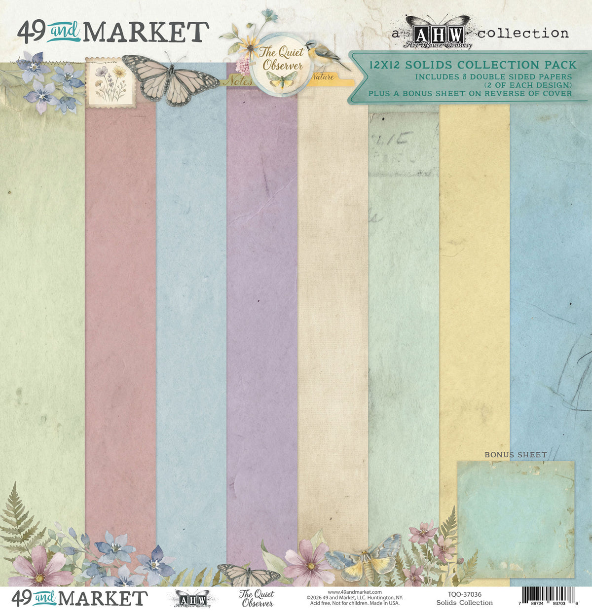 A 12x12 solids collection pack from 49 and MARKET featuring 12 vertical pastel paper swatches in soft green, dusty pink, pale blue, cream, and light blue, decorated with vintage-style floral and butterfly graphics.