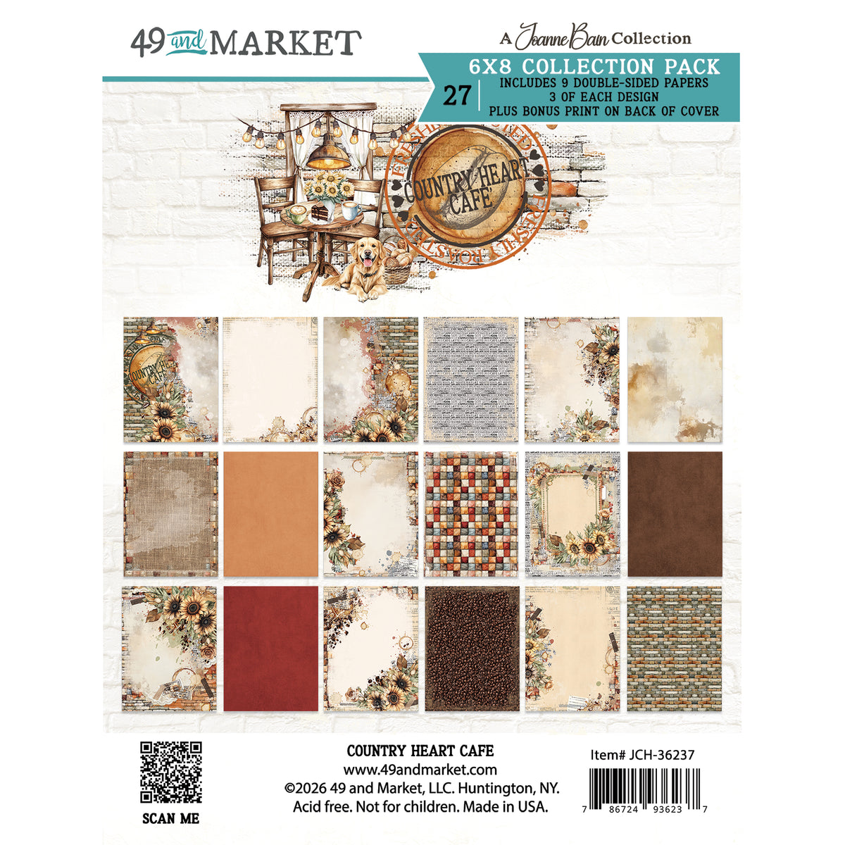 A 6x6 collection pack of scrapbook papers from 49 and Market, titled 'Country Heart Cafe', featuring 27 double-sided papers with rustic cafe and floral designs in warm earthy tones.