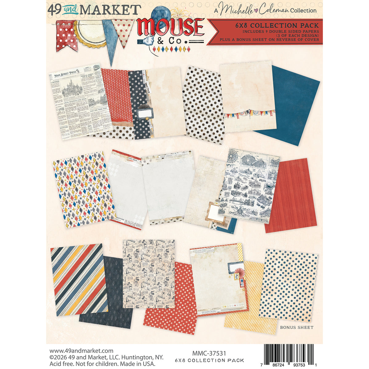 Front cover of a 49 and Market Mouse & Co. 6x6 Collection Pack featuring various scrapbook paper designs in red, blue, black, white, and patterned prints, with a barcode and product details at the bottom.