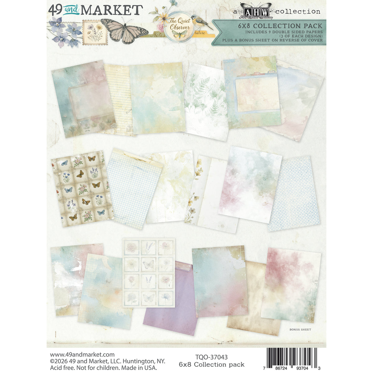 49 and Market 'The Love Collection' 6x8 paper pack, featuring a 6x8 grid of various pastel-colored scrapbooking papers with vintage floral and butterfly motifs on a white background.