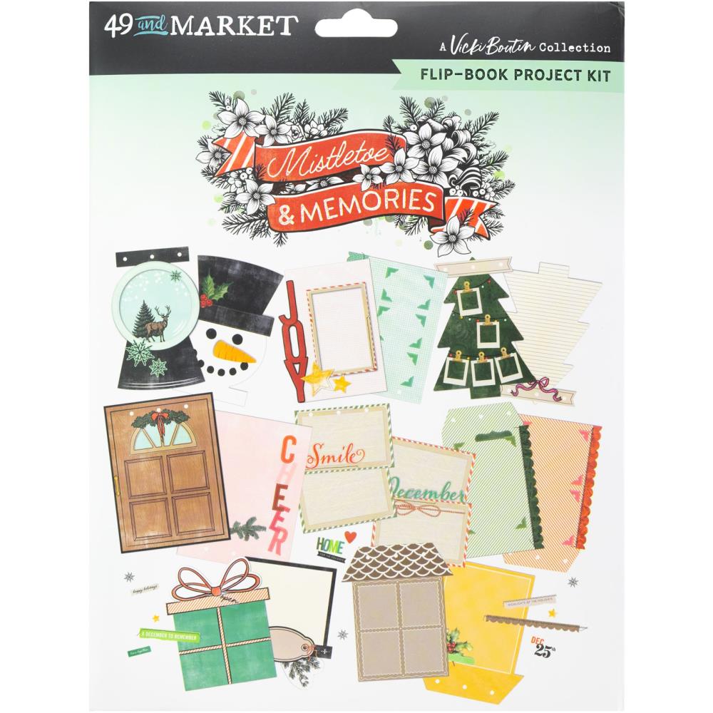 49 and Market flip-book project kit with Christmas-themed elements on a white background