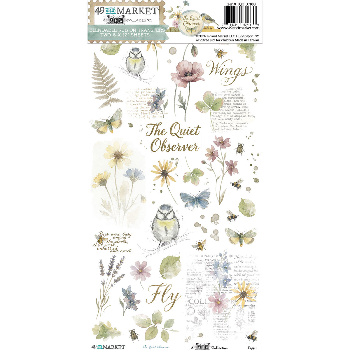 A packaged sheet of craft transfer paper featuring watercolor-style botanical illustrations, small birds, butterflies, flowers, and decorative text including 'Wings,' 'The Quiet Observer,' and 'Fly.' The sheet is shown on a white background with branding for 49 and Market Arts visible at the top and bottom.