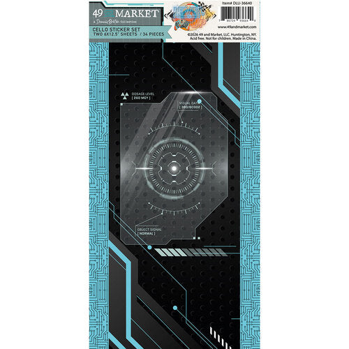 A retail-packaged cellophane sticker set featuring a futuristic HUD-style target graphic with circular targeting reticle, scanlines, and interface markings. The package header reads '49 Market' and 'Clear Sticker Set' with '500 M2.