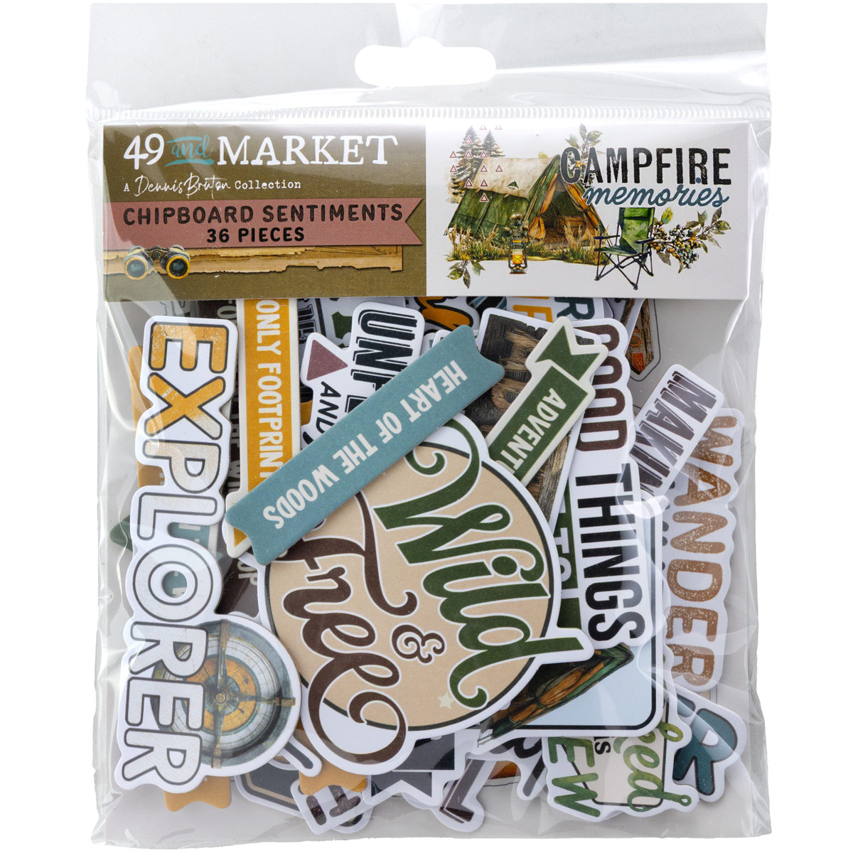 A clear plastic bag of 49 Wood Market 'Chipboard Sentiments' scrapbook stickers, showing a variety of rustic travel-themed die-cut stickers like 'Explorer', 'Wander', 'Heart of the Woods', and 'Good Things'.