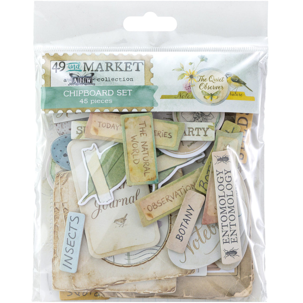 A packaged chipboard set containing 45 decorative paper pieces with vintage-style labels, botanical and nature-themed cutouts, and printed text such as 'Insects,' 'Botany,' 'Observation,' and 'The Natural World.' The product is shown in a clear plastic bag with a printed header card from 49th and Market.