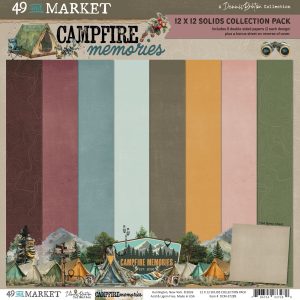 A collection pack of 12 solid scrapbook papers from Papermania's '49th Market' line, featuring 12 different solid colors in a vertical stack. The top banner displays the collection title 'Campfire Memories' with a rustic camping theme, and the bottom shows a preview of the textured paper designs with illustrations of tents, campfires, and trees.