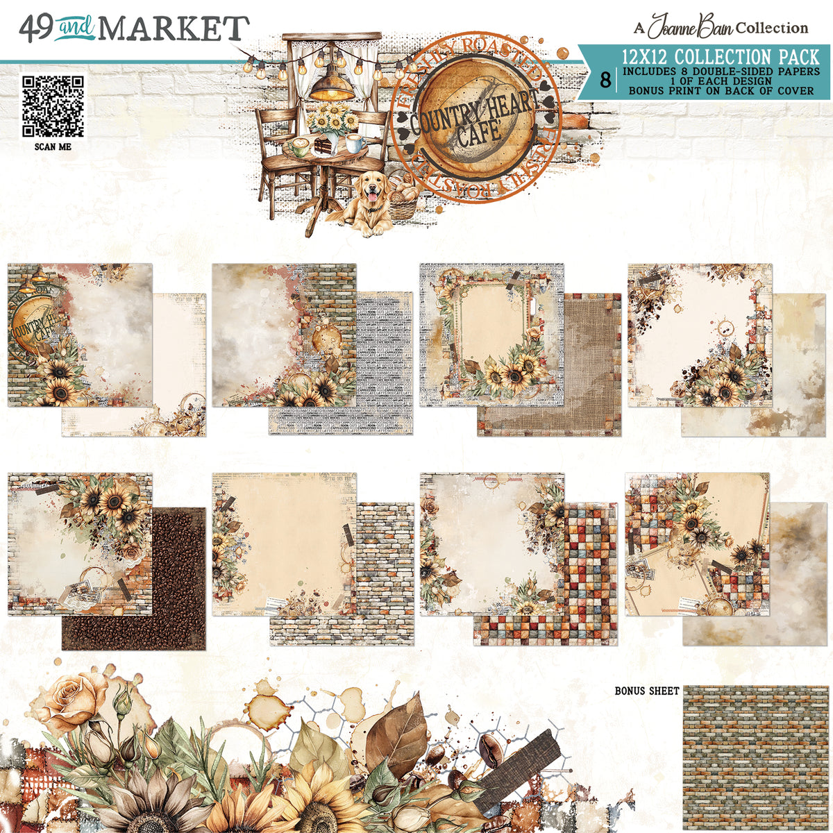 A collage-style product preview for a scrapbook paper collection pack titled '49th Street Market' and 'A Jane Barn Collection.' The image shows multiple decorative paper designs, floral and rustic patterns, and a bonus sheet preview on a light neutral background.
