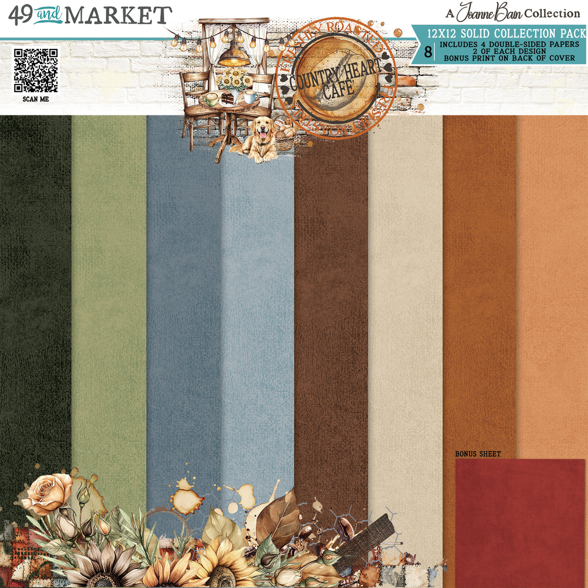 A 12x12 solid collection pack preview sheet for '49th Street Market' by Jane Bean Collection, featuring eight vertical color panels in dark green, sage green, slate blue, brown, beige, terracotta, and deep red, decorated with vintage-style illustrations and floral elements.