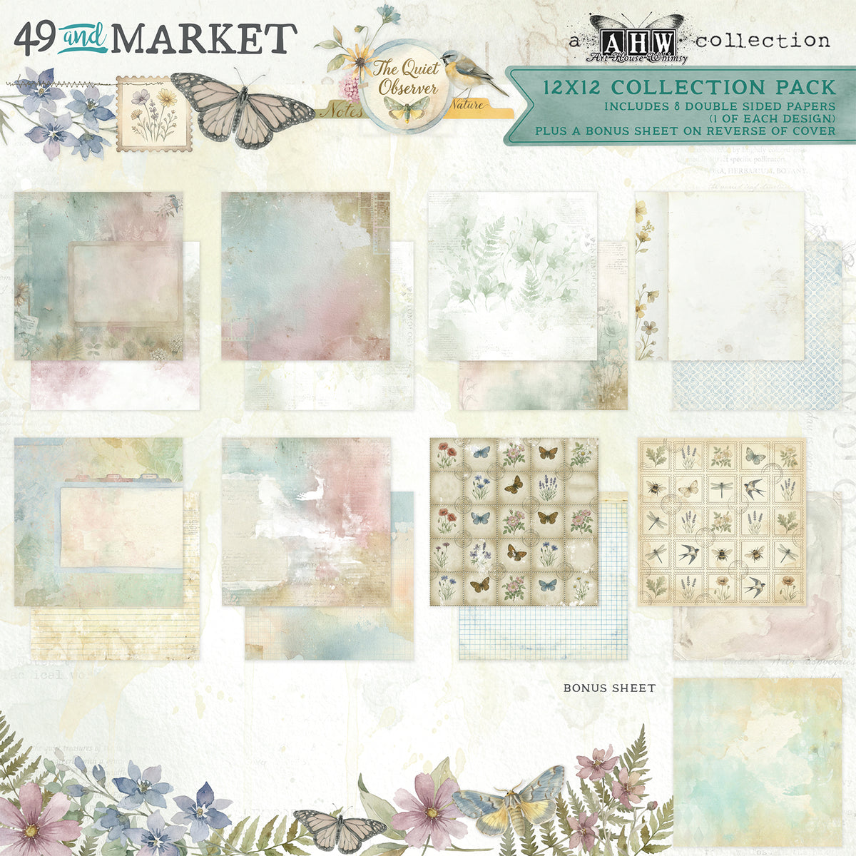 A 12x12 collection pack of scrapbooking papers and decorative elements from AHW Collection, featuring pastel watercolor designs, butterfly and floral motifs, and a bonus sheet.