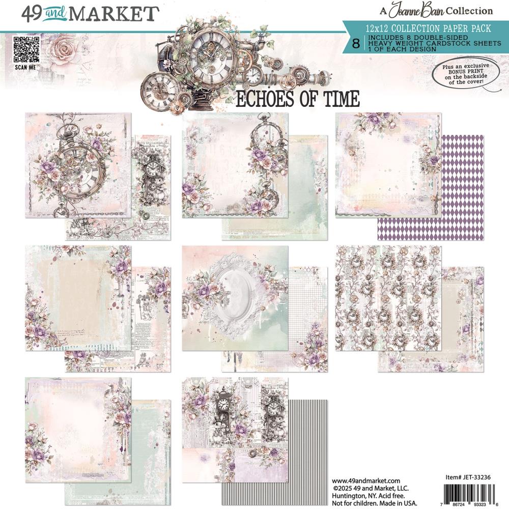 Collection of paper sheets with decorative designs and text 'Echoes of Time' by 49 and Market.