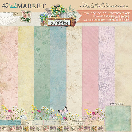 Collection of 12x12 paper sheets with garden-themed designs and '49 and Market' branding.