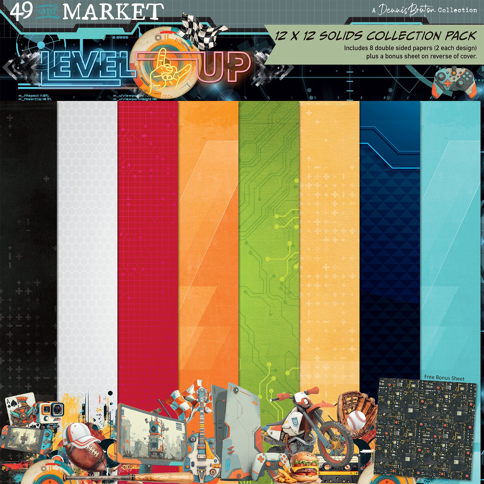 A digital paper collection pack cover titled '49 Market Level Up' showing 12 x 12 solid papers in vertical stripes of black, white, red, orange, green, yellow, and blue, with a sports-themed collage of jerseys, helmets, a motorcycle, and food items along the bottom.