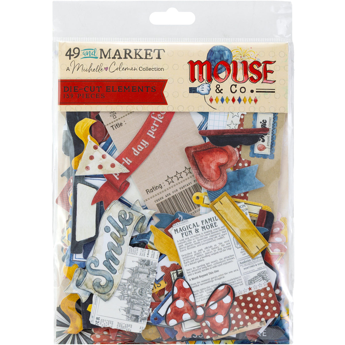 A clear plastic bag of 49th Street Mouse & Co. die-cut elements from the Michelle Coleman Collection, featuring a variety of scrapbook paper and embellishment shapes in red, white, blue, yellow, and black.