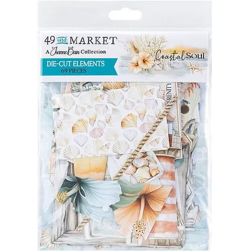 Coastal Lull 49 Pin Market A Jane Sun Collection die-cut elements paper pack, featuring a beach-themed collection of patterned and illustrated paper elements in a clear plastic packaging.
