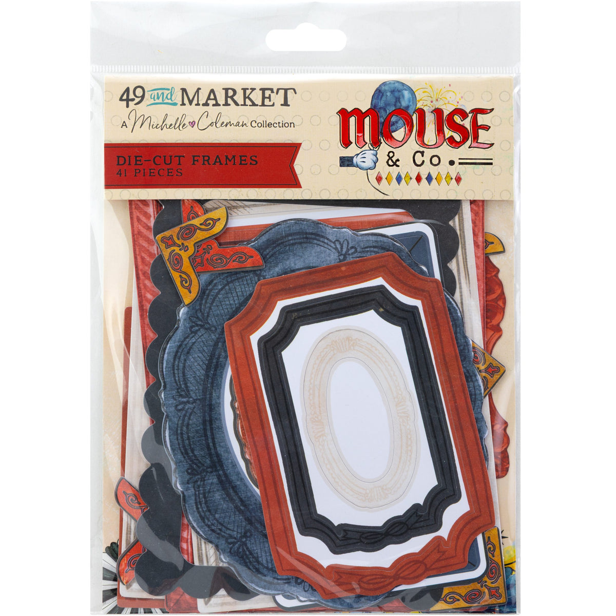 Mouse & Co. 49th Market Collection die-cut frames set in clear plastic packaging, showing multiple patterned and scalloped frame templates.
