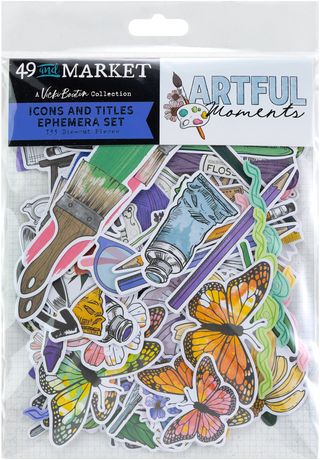 Packaging of 'Artful Moments' ephemera set with colorful illustrations on a white background.