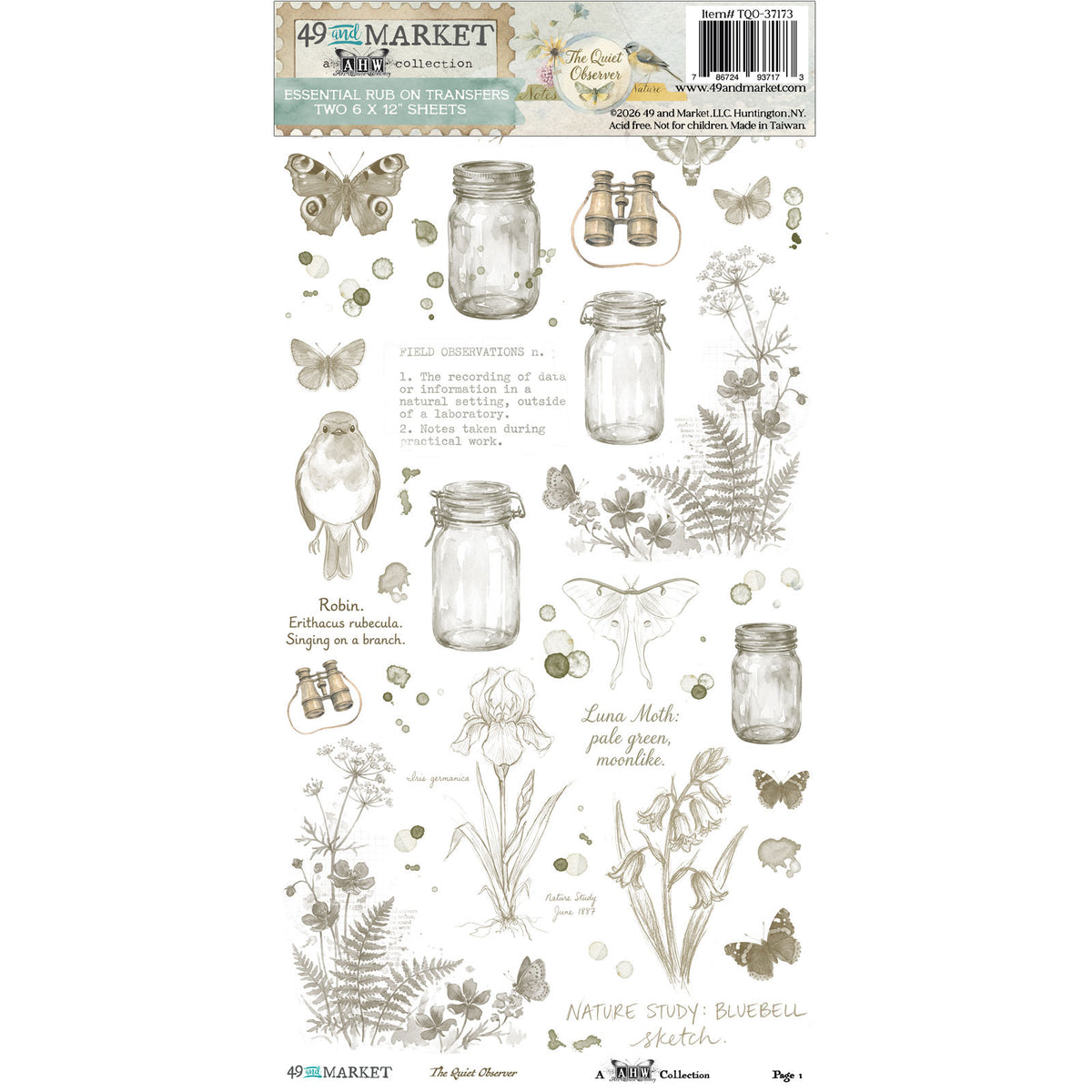 A sheet of clear stamp designs featuring nature-themed illustrations including mason jars, butterflies, birds, flowers, ferns, and handwritten notes on a white background, with a 49th Market label at the top.