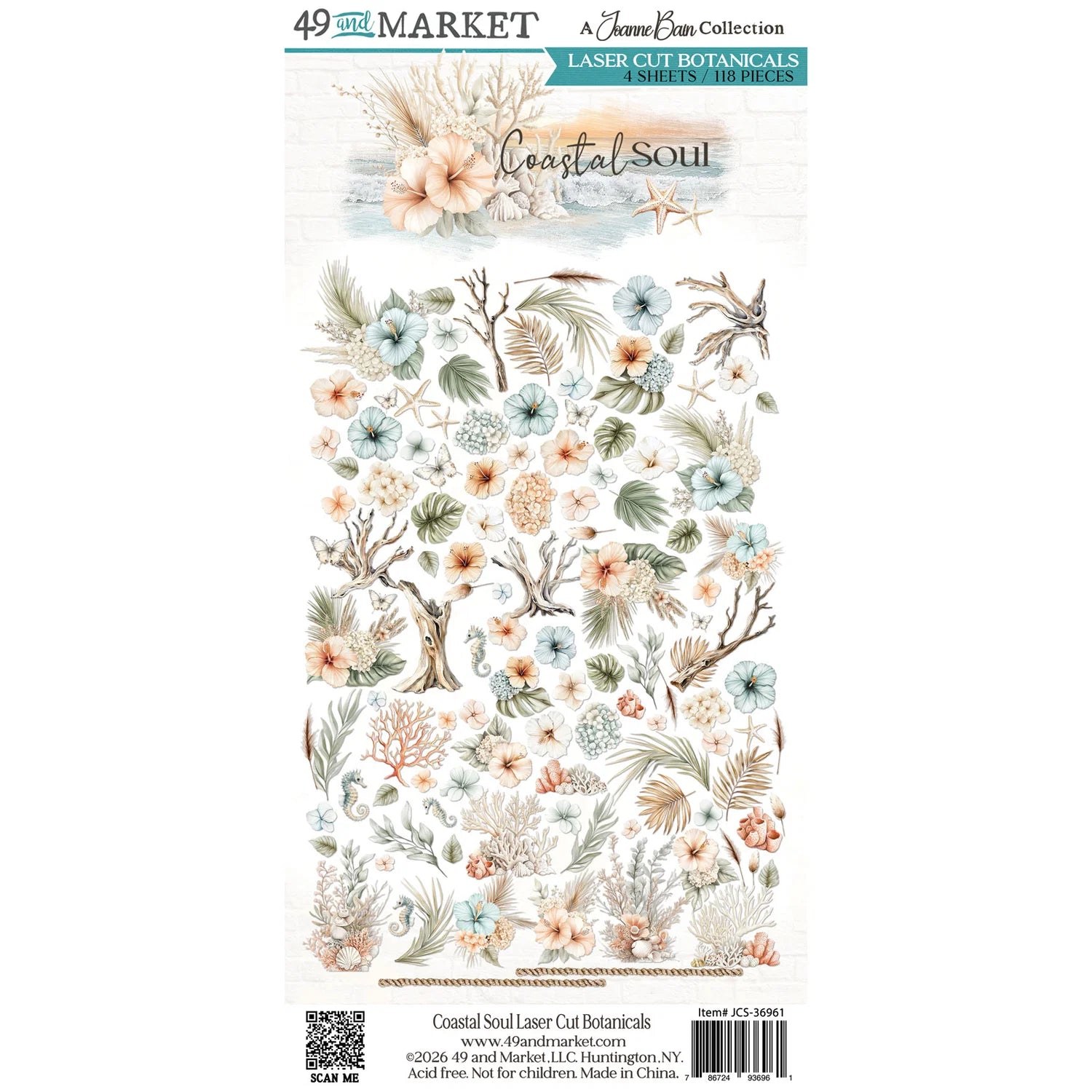 A sheet of laser-cut botanical stickers from the 'Coastal Soul' collection by Jane's Dream Collection, featuring delicate illustrations of flowers, leaves, and sea life in soft pastel tones on a white background.