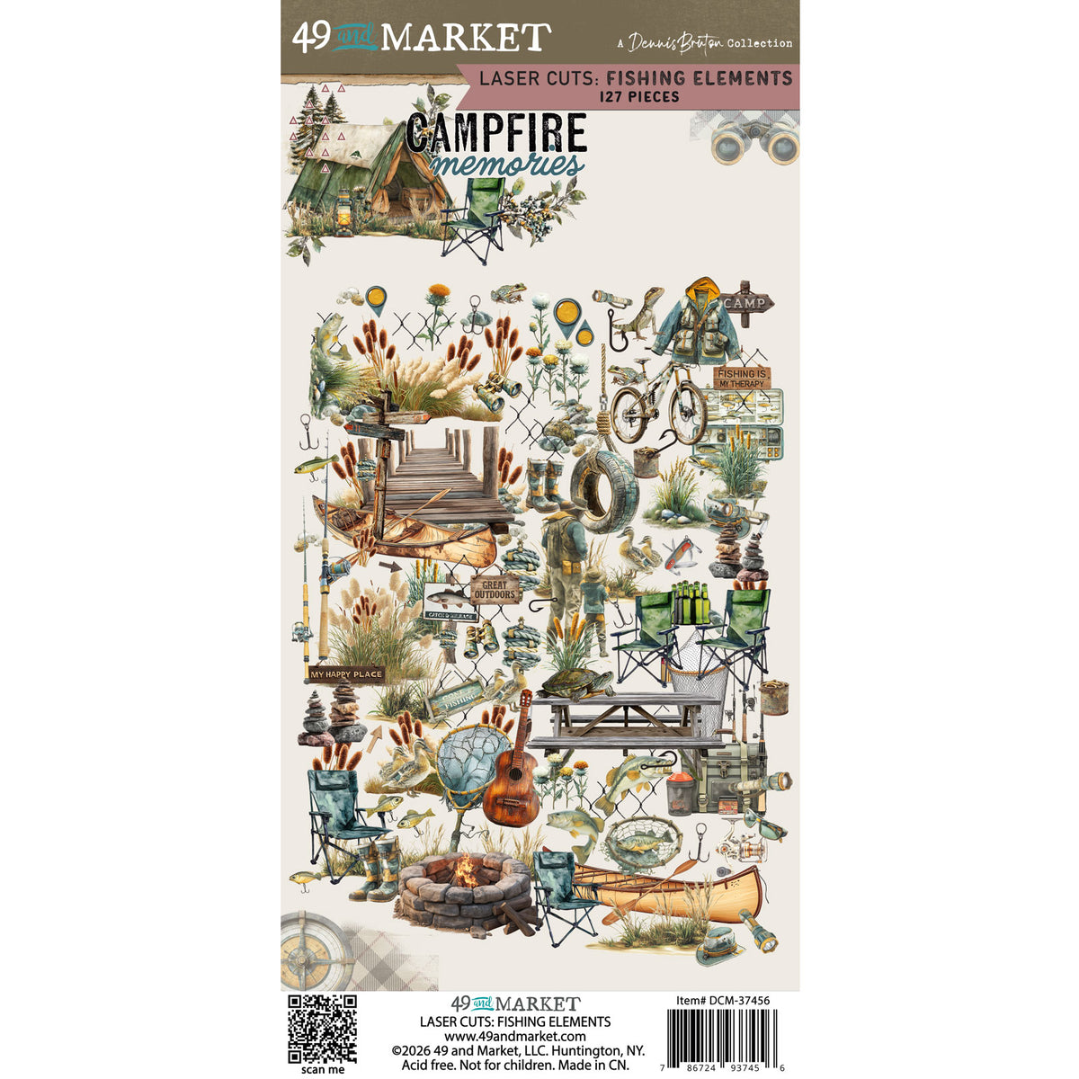 49 and Market Campfire Memories Laser Cuts: Fishing Elements 12-piece sticker sheet package, featuring a collage of rustic camping and fishing-themed illustrations on a cream background.