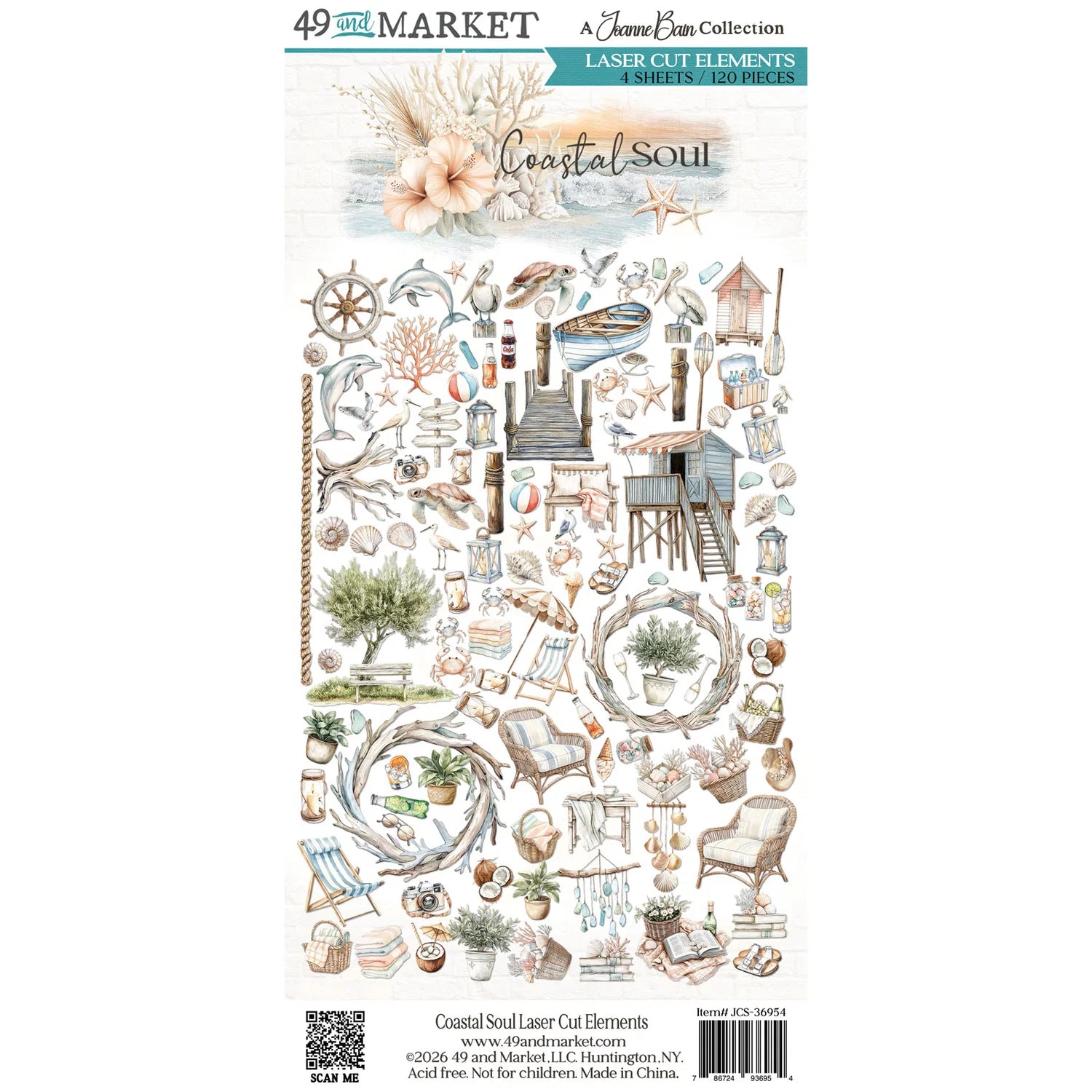 A sheet of laser-cut craft elements from 49th Market's 'Coastal Soul' collection, featuring various nautical and beach-themed illustrations like a lighthouse, beach chair, starfish, seashells, and coral in a soft pastel palette.