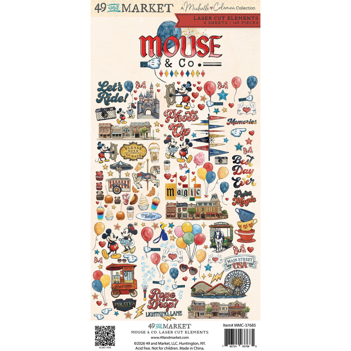 A sheet of 49 and Market Mouse & Co. laser cut elements featuring a collection of vintage-style illustrations, balloons, stars, and decorative text on a cream background.