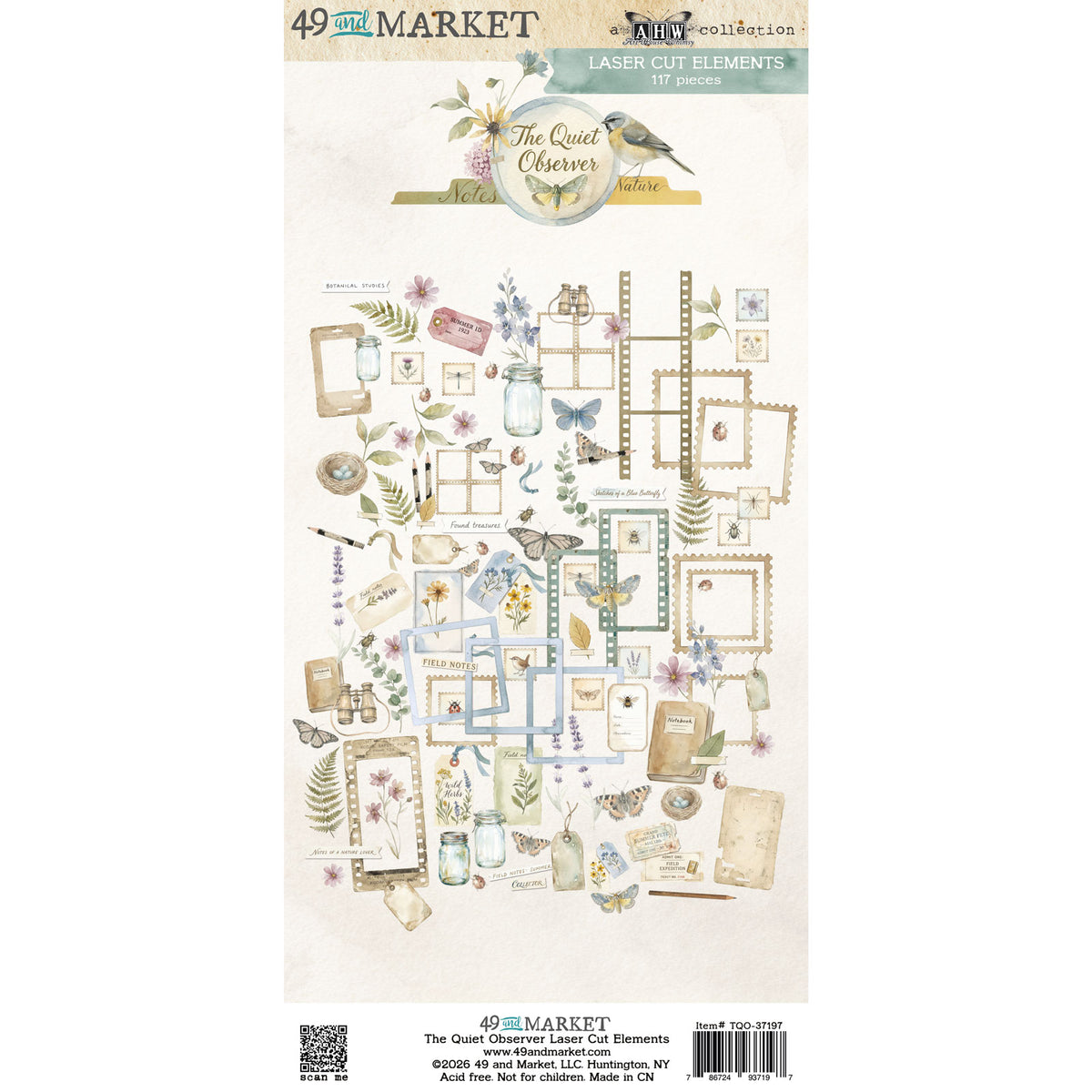 A 49 and Market 'The Quiet Cheer' laser cut elements sheet featuring various vintage-style embellishments, frames, butterflies, flowers, and labels on a cream background.
