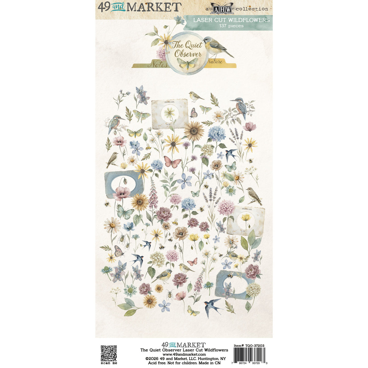 A sheet of 49 and Market 'The Quiet Observer' laser cut wildflower stickers, featuring a vintage-style botanical and bird illustration pattern on a cream background.