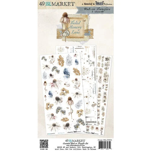 Packaging of 49 and Market rub-on transfers with floral and decorative designs on a white background.