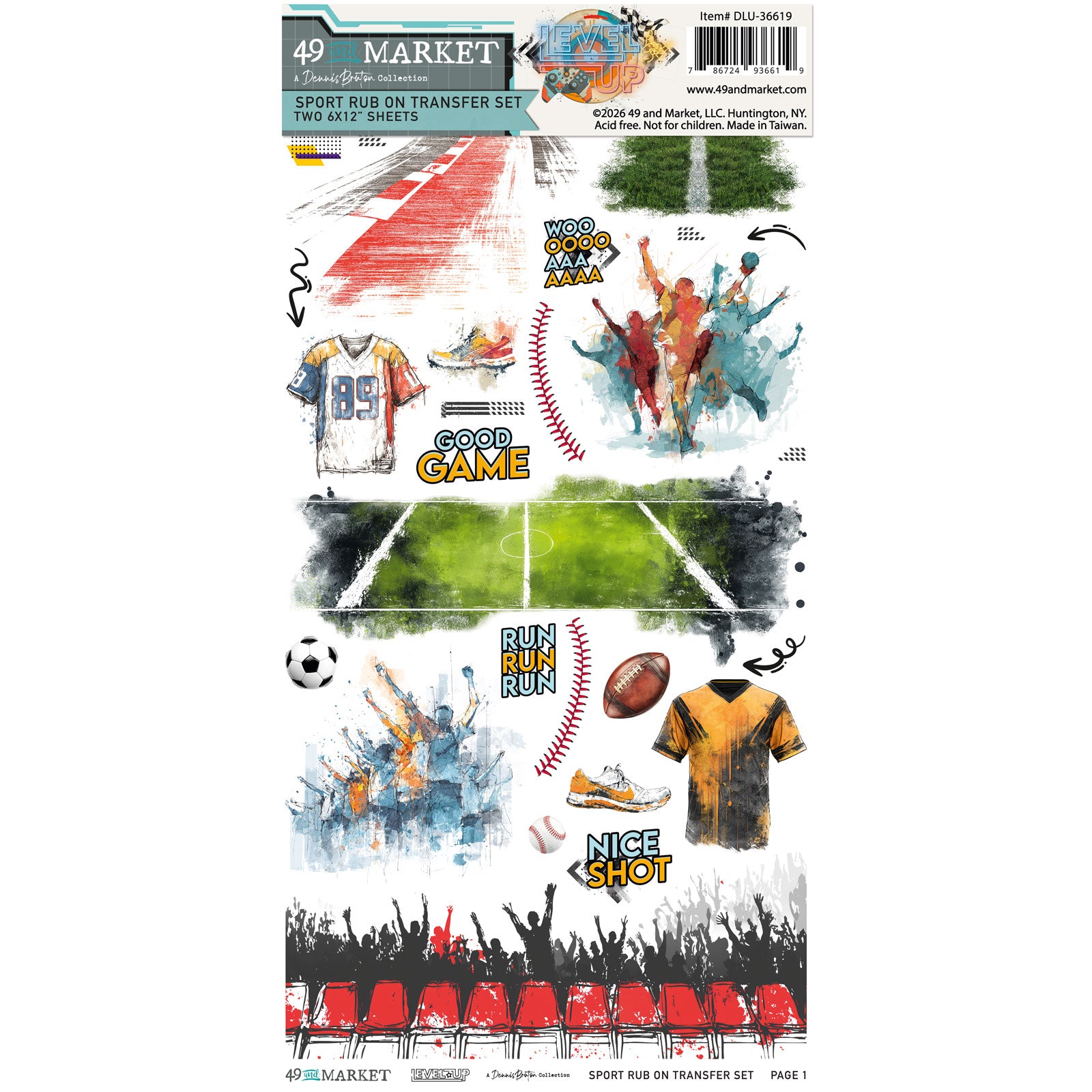 A sheet of craft transfer stickers from 49 Market featuring sports-themed watercolor designs, including jerseys, a field, players, a football, a soccer ball, and motivational text like 'GOOD GAME' and 'NICE SHOT'.