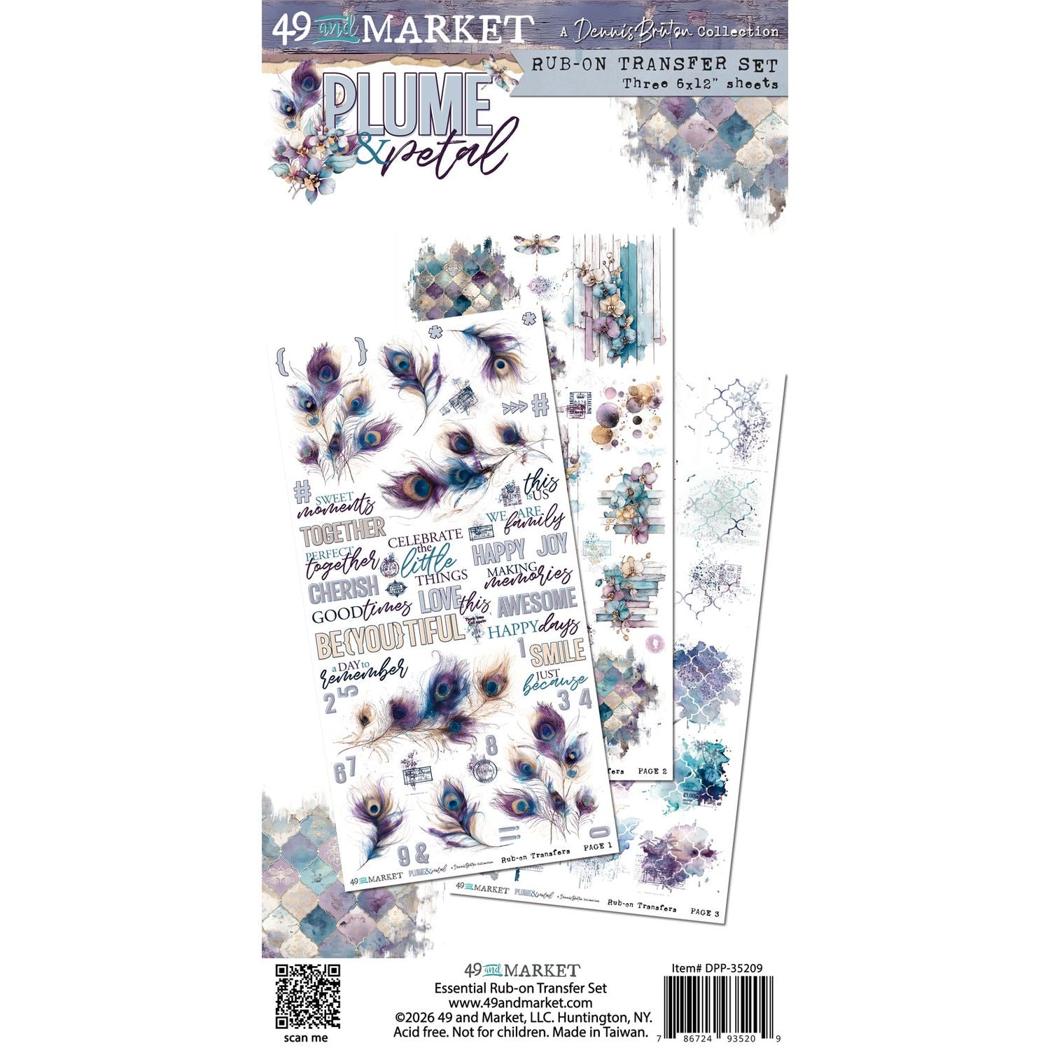 Rub-on transfer set with floral and decorative designs on a white background