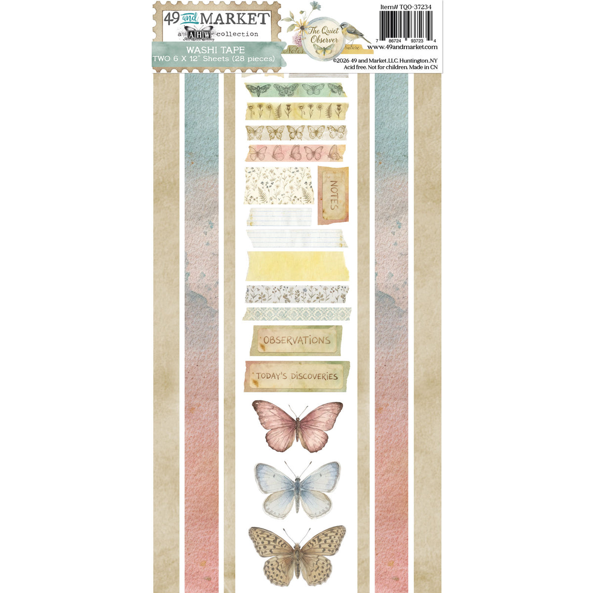 A sheet of 49 Market washi tape featuring vintage-style designs, including pastel stripes, floral patterns, banners with words like 'Congratulations' and 'Today's Discoveries,' and butterfly illustrations.
