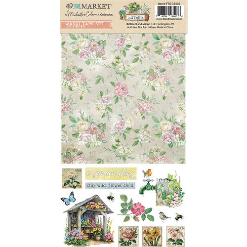 Floral and garden-themed washi tape set with packaging on a white background