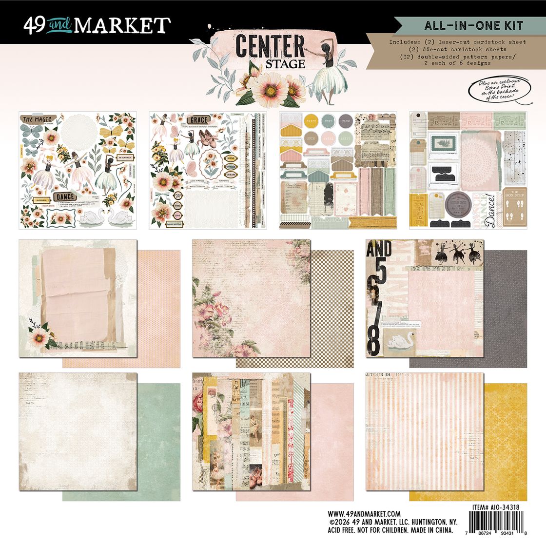Collection of scrapbooking paper and embellishments with a 'Market' theme on a white background.