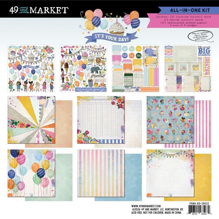 Collection of scrapbooking paper packs with various designs and elements, including balloons and birthday cakes, from 49 and Market brand.