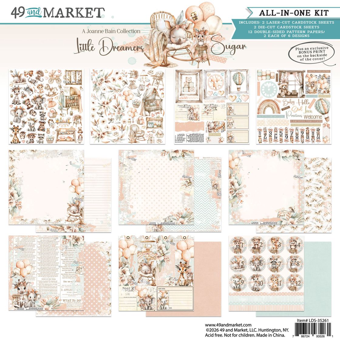 Collection of scrapbooking paper sheets with decorative elements and text, featuring '49 and Market' branding.