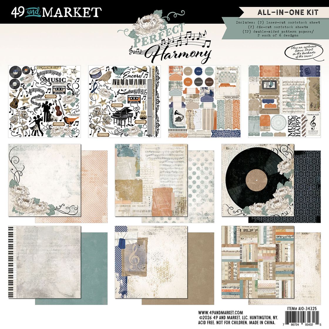 Collection of scrapbooking paper sheets with various designs and textures, featuring '49 and Market' branding.