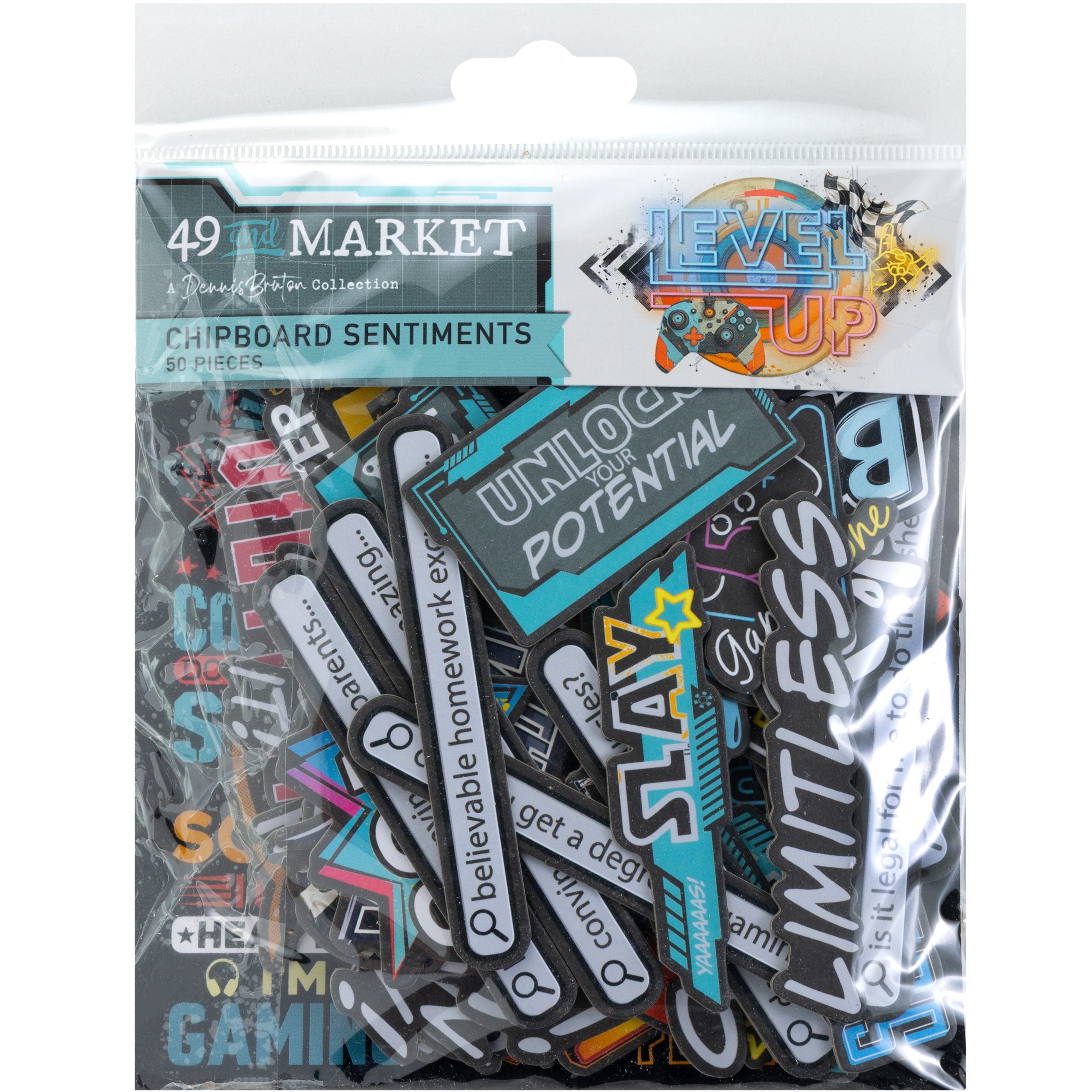 A clear plastic bag of Level Up Market 'Chipboard Sentiments' sticker pack, showing a variety of colorful, stylized chipboard-style stickers with gaming and motivational quotes.